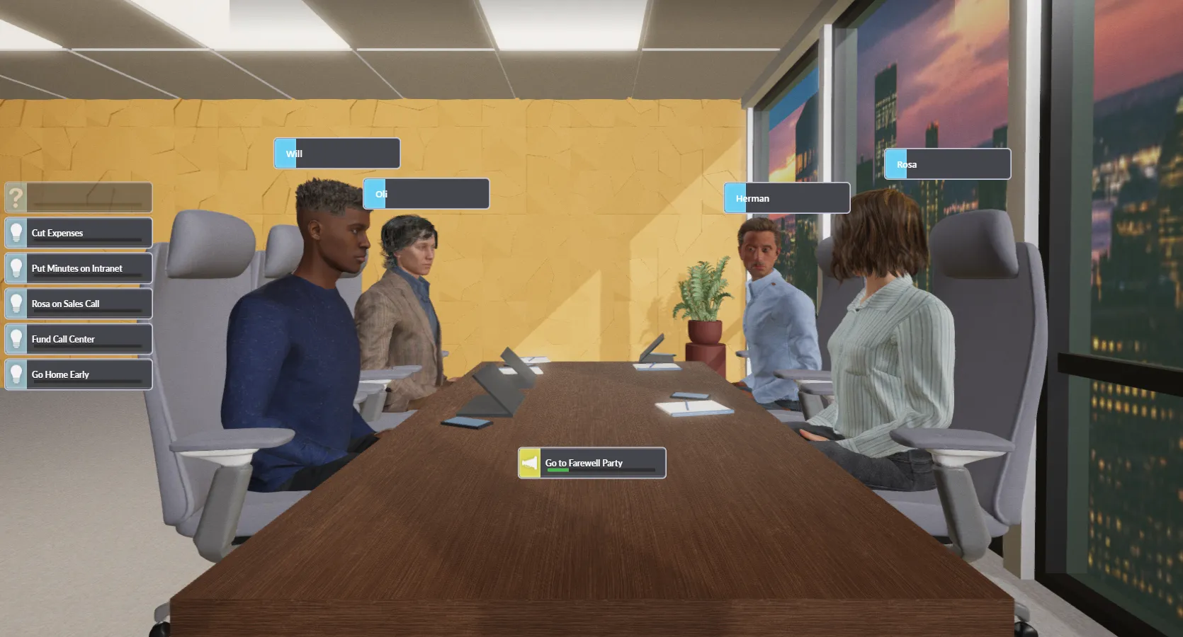 vLeader simulation — Crisis Looming scenario. A live boardroom meeting with four avatars (Will, Oli, Herman, Rosa) around a wooden table. Five lightbulb-shaped dialogue options line the left edge: Cut Expenses, Put Minutes on Intranet, Rosa on Sales Call, Fund Call Center, Go Home Early. A 'Go to Farewell Party' progress indicator sits at the bottom of the table.
